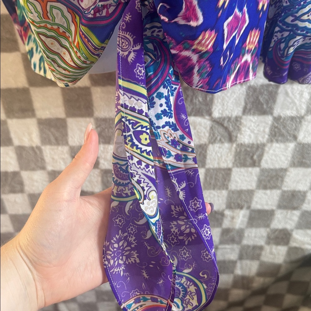 Chicos Women’s Open Shoulder Blue Paisley Button Up Top With Tie Front Size 2X - Picture 5 of 10